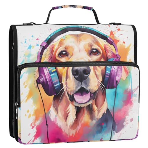Golden Retriever mit Kopfhörern, 3-Ringbuch, Reißverschluss, Organizer, Tasche mit Schultergurt und Griff, für Schule, Büro von Reiacy