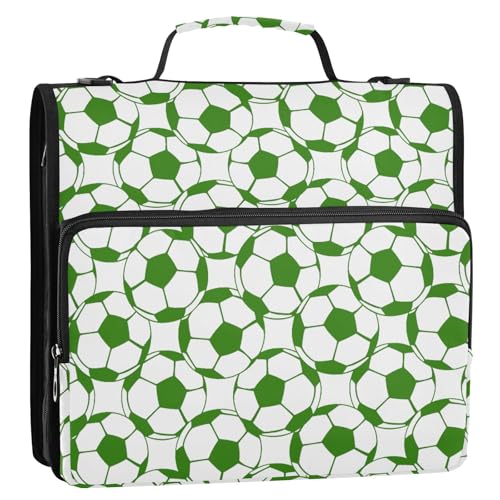 Grüne Fußballbälle, 3-Ringbuch, Reißverschluss, Organizer, Tasche mit Schultergurt und Griff, für Schule, Büro von Reiacy