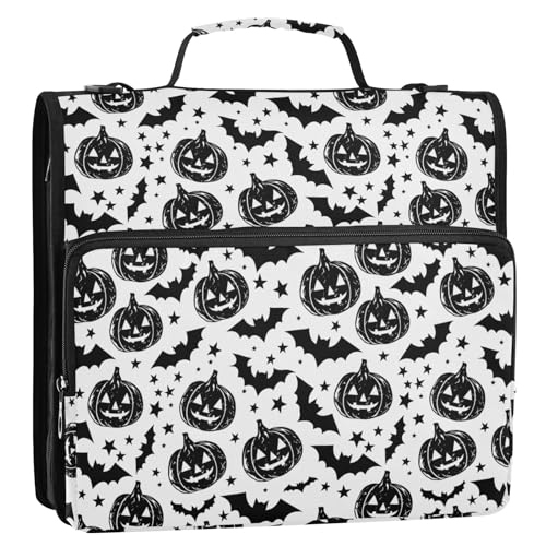 Halloween-Kürbis- und Fledermaus-3-Ringbuch, Reißverschluss, Organizer, Tasche mit Schultergurt und Griff, für Schule, Büro von Reiacy