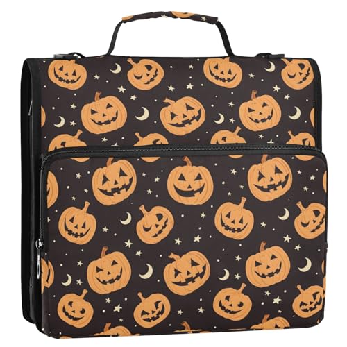 Halloween Kürbis und Mond 3-Ringbuch mit Reißverschluss, Organizer Tasche mit Schultergurt und Griff für Schule, Büro von Reiacy