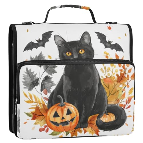 Halloween schwarze Katze mit Fledermaus, 3-Ringbuch, Reißverschluss, Organizer, Tasche mit Schultergurt und Griff, für Schule, Büro von Reiacy