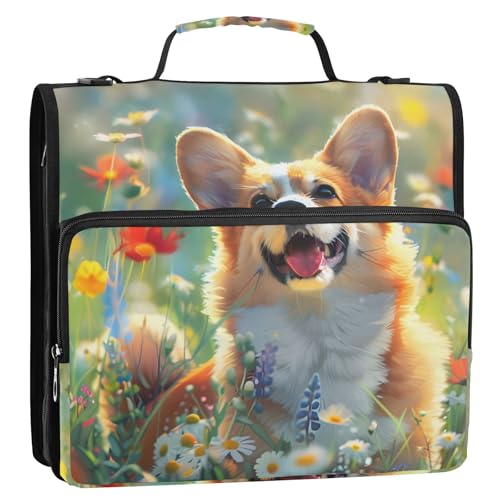 Happy Corgi im Frühlingsfeld 3-Ringbuch mit Reißverschluss, Organizer mit Schultergurt und Griff, für Schule, Büro von Reiacy