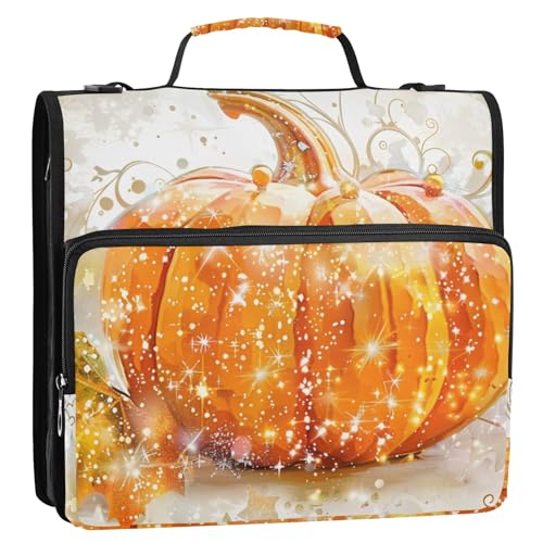 Herbst-Kürbis-Glitzernde 3-Ringbuch-Organizer-Tasche mit Reißverschluss und Schultergurt und Griff für Schule, Büro von Reiacy