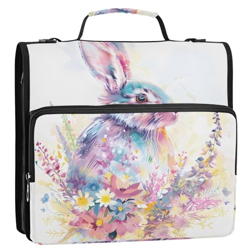 Kaninchen-Aquarell-Blumen, 3-Ringbuch, Reißverschluss, Organizer, Tasche mit Schultergurt und Griff, für Schule, Büro von Reiacy