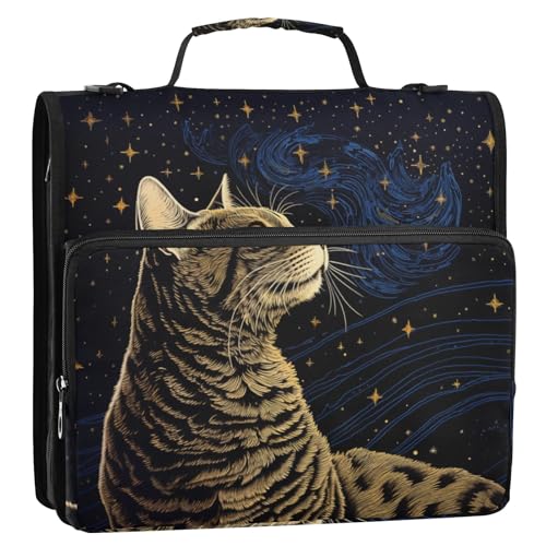 Katzen-Sternennacht, 3-Ringbuch, Reißverschluss, Organizer, Tasche mit Schultergurt und Griff, für Schule, Büro von Reiacy