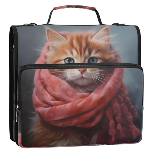 Lihua Cat Wears Schal, 3-Ringbuch, Reißverschluss, Organizer, Tasche mit Schultergurt und Griff, für Schule, Büro von Reiacy