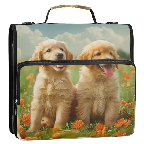 Niedliche Golden Retriever Puppies 3-Ringbuch mit Reißverschluss, Organizer mit Schultergurt und Griff für Schule, Büro von Reiacy