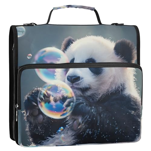Niedliche Pandas und Blasen, 3-Ringbuch, Reißverschluss, Organizer, Tasche mit Schultergurt und Griff, für Schule, Büro von Reiacy