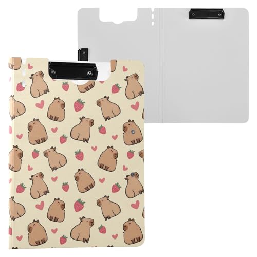Niedliches Capybara mit Erdbeer-Herzen, gelber Klemmbrett-Mappe, A4-Größe, Ordner-Klemmbrett mit Stiftschlitz, für Büro, Schule von Reiacy