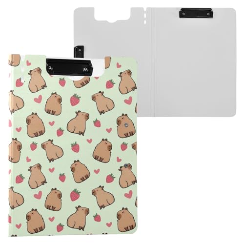 Niedliches Capybara mit Erdbeerherzen, Grün, Klemmbrett-Mappe, A4-Größe, Ordner-Klemmbrett mit Stiftschlitz, für Büro, Schule von Reiacy