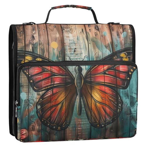 Oranger Schmetterling auf Holz, 3-Ringbuch, Reißverschluss, Organizer, Tasche mit Schultergurt und Griff, für Schule, Büro von Reiacy