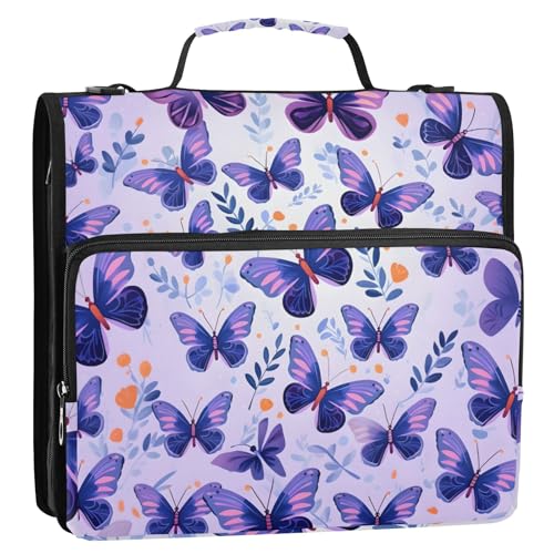 Purple Fantasy Butterfly 3-Ringbuch mit Reißverschluss, Organizer mit Schultergurt und Griff, für Schule, Büro von Reiacy