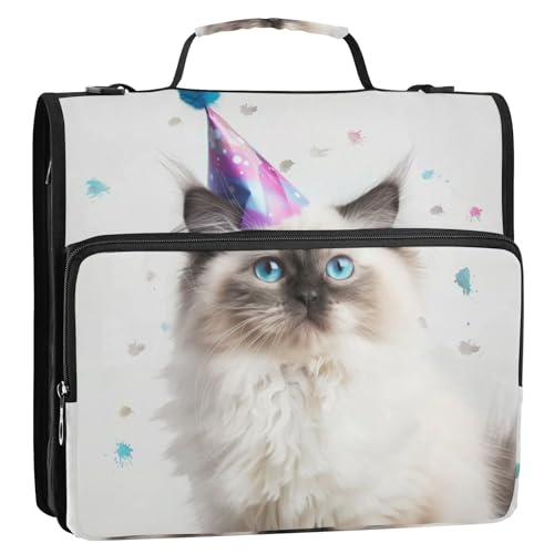 Ragdoll Katze mit Geburtstagshut, 3-Ringbuch, Reißverschluss, Organizer, Tasche mit Schultergurt und Griff, für Schule, Büro von Reiacy