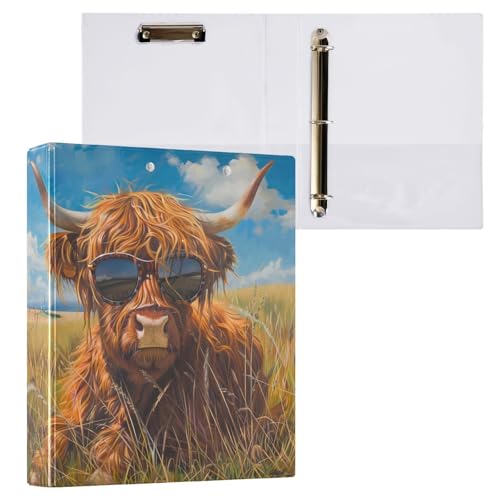 Reiacy Ringbuch, Highland Cattle Grasslands 3-Ring-Ordner mit 3 Ringen, A4, mit Clip, hält 200 Blatt, großer D-Ring-Aktenordner für Zuhause, Schule, Bürobedarf von Reiacy