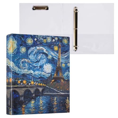 Reiacy Van V Gogh Eiffelturm Ringbuch mit 3 Ringen, A4, mit Clip, hält 200 Blatt, großer D-Ring-Aktenordner für Zuhause, Schule, Bürobedarf von Reiacy