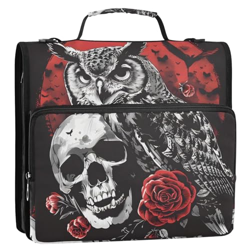 Retro-Eule mit Totenkopf-Motiv, 3-Ringbuch, Reißverschluss, Organizer, Tasche mit Schultergurt und Griff, für Schule, Büro von Reiacy
