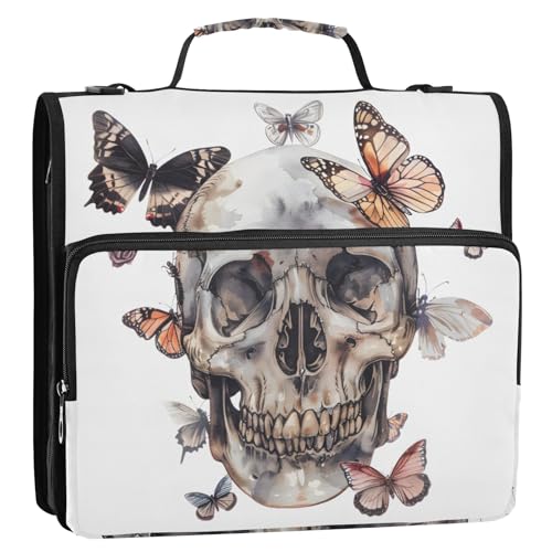 Retro-Totenkopf mit Schmetterling, 3-Ringbuch, Reißverschluss, Organizer, Tasche mit Schultergurt und Griff, für Schule, Büro von Reiacy