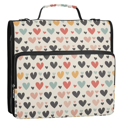 Ringbuch mit 3 Ringen, Retro-Herz-Design, Reißverschluss, Organizer, Tasche mit Schultergurt und Griff, für Schule, Büro von Reiacy