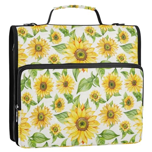 Ringbuch mit 3 Ringen, Retro-Sonnenblumen-Druck, Reißverschluss, Organizer, Tasche mit Schultergurt und Griff, für Schule, Büro von Reiacy