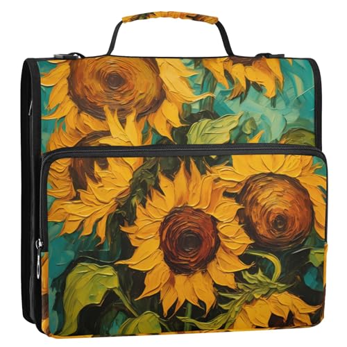 Ringbuch mit 3 Ringen, Vintage-Stil, Motiv: blühende Sonnenblumen, Reißverschluss, Organizer mit Schultergurt und Griff, für Schule, Büro von Reiacy