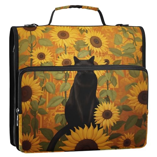 Ringbuch mit 3 Ringen, Vintage-Stil, schwarze Katze mit Sonnenblume, Reißverschluss, Organizer mit Schultergurt und Griff, für Schule, Büro von Reiacy