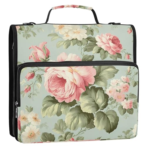 Romantische rosa Pfingstrose, 3-Ringbuch, Reißverschluss, Organizer, Tasche mit Schultergurt und Griff, für Schule, Büro von Reiacy