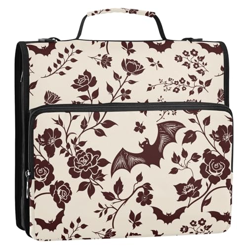 Rote Retro-Fledermaus-mit Blume, 3-Ringbuch, Reißverschluss, Organizer, Tasche mit Schultergurt und Griff, für Schule, Büro von Reiacy