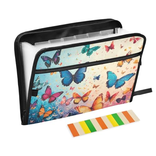 Schöne Fächermappe mit Schmetterlingen, mit Klebeetiketten, 13 Taschen, Akkordeon-Aktenordner, Dokumenten-Organizer mit Reißverschluss von Reiacy
