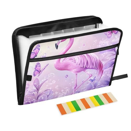 Schöne Flamingo-Fächermappe mit Klebeetiketten, 13 Taschen, Akkordeon-Aktenordner, Dokumenten-Organizer mit Reißverschluss von Reiacy