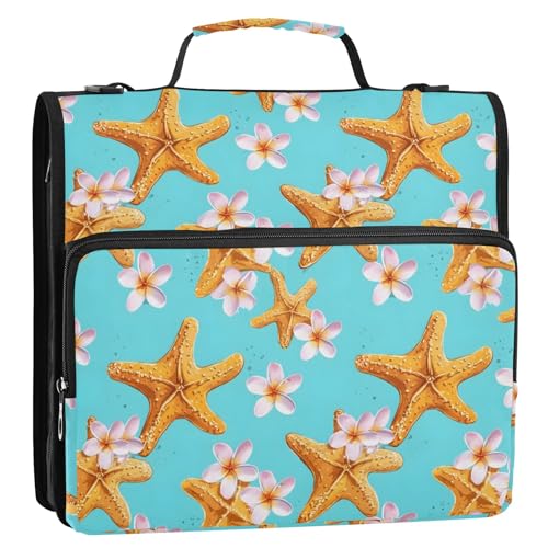 Schöne gelbe Seestern-Blumen-3-Ringbuch-Ordner, Reißverschluss, Organizer, Tasche mit Schultergurt und Griff, für Schule, Büro von Reiacy