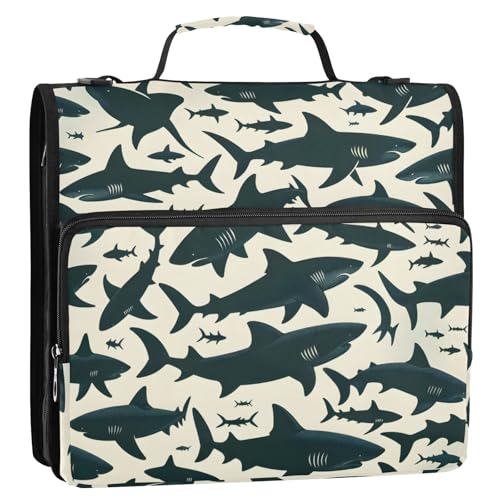 Schwarze Haifisch-Silhouette, 3-Ringbuch, Reißverschluss, Organizer, Tasche mit Schultergurt und Griff, für Schule, Büro von Reiacy