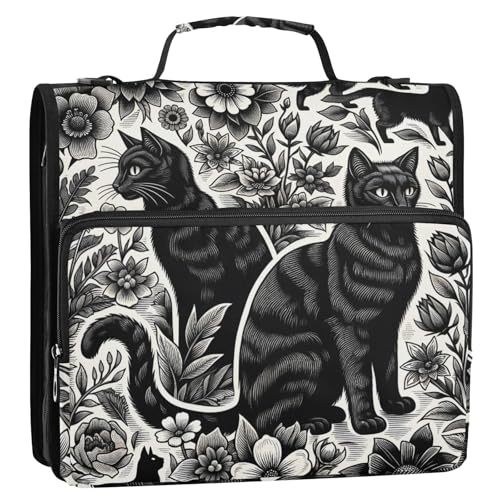 Schwarze Katzen-Retro-Muster, 3-Ringbuch, Reißverschluss, Organizer, Tasche mit Schultergurt und Griff, für Schule, Büro von Reiacy