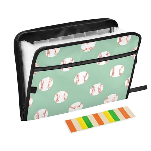 Simple Baseballs Fächermappe mit Klebeetiketten, 13 Taschen, Akkordeon-Aktenordner, Dokumenten-Organizer mit Reißverschluss, Grün von Reiacy