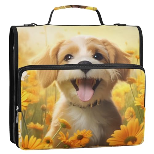 Smile Dog Sunflower 3-Ringbuch mit Reißverschluss, Organizer mit Schultergurt und Griff, für Schule, Büro von Reiacy