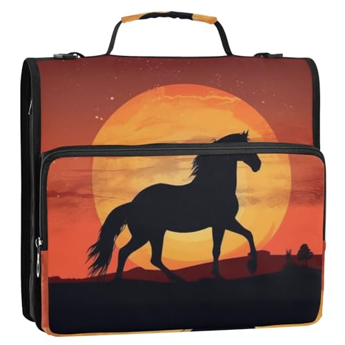 Sunset Running Horse 3-Ringbuch mit Reißverschluss, Organizer mit Schultergurt und Griff, für Schule, Büro von Reiacy