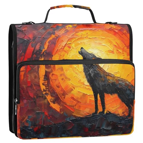 Sunset Wolf 3-Ringbuch mit Reißverschluss, Organizer mit Schultergurt und Griff, für Schule, Büro von Reiacy