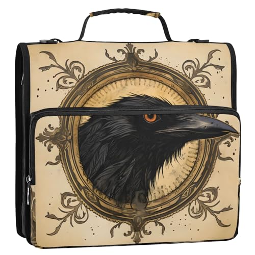 Vintage Crow 3-Ringbuch mit Reißverschluss, Organizer mit Schultergurt und Griff, für Schule, Büro von Reiacy