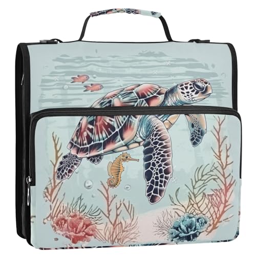 Vintage Schildkröte und Seepferdchen 3-Ringbuch Reißverschluss Ordner Organizer Tasche mit Schultergurt und Griff für Schule Büro von Reiacy