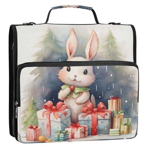 Weihnachtlicher Hase mit Geschenken, 3-Ringbuch, Reißverschluss, Organizer, Tasche mit Schultergurt und Griff, für Schule, Büro von Reiacy