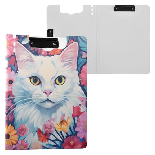Weiße Katzen mit rosa Blumen-Klemmbrett-Mappe, A4-Größe, Ordner-Klemmbrett mit Stifthalter, für Büro, Schule von Reiacy