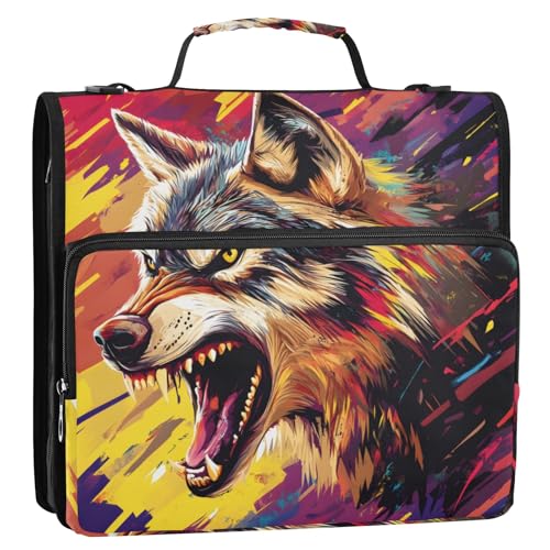 Wolf Corolful Image 3-Ringbuch, Reißverschluss, Organizer Tasche mit Schultergurt und Griff, für Schule, Büro von Reiacy