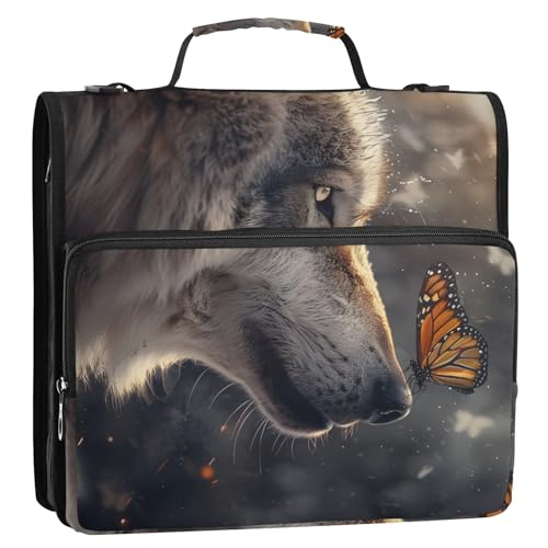 Wolf und Schmetterling 3-Ringbuch mit Reißverschluss, Organizer Tasche mit Schultergurt und Griff für Schule, Büro von Reiacy