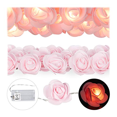 1 x Rosen Lichterkette, 20er LED Lichterkette Batterie, Hochzeit, Verlobung & Valentinstag, warmweiß, Deko, rosa von Relaxdays