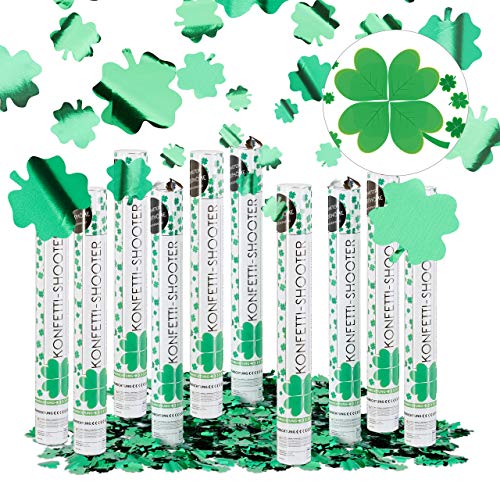 10er Set Party Popper mit 4-blättrigem Kleeblatt, 40 cm Konfetti Kanone, Silvester Glücksregen, Fasching, Metallic grün von Relaxdays