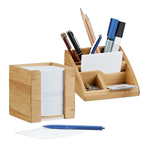 2 TLG. Schreibtisch Set, Schreibtisch-Organizer mit Stiftehalter, Zettelbox mit Notizzetteln 900 Blatt, aus Bambus von Relaxdays