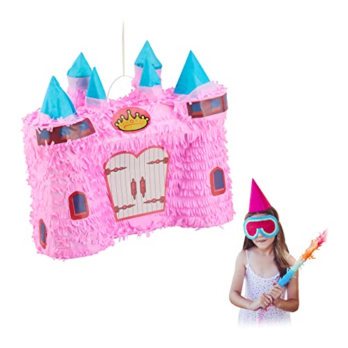 2 x Pinata Schloss, märchenhafte Kinderpinata zum Befüllen, Piñata Geburtstag Mädchen, Schlagpinata Prinzessin, rosa von Relaxdays
