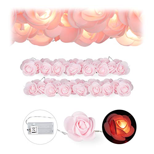 2 x Rosen Lichterkette, 20er LED Lichterkette Batterie, Hochzeit, Verlobung & Valentinstag, warmweiß, Deko, rosa von Relaxdays