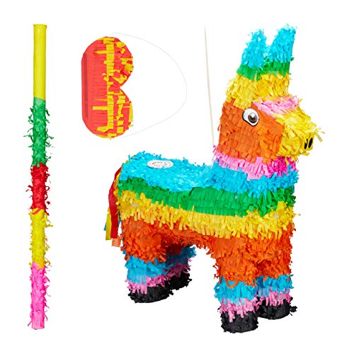 3 TLG. Pinata Set Lama, Pinatastab mit Augenmaske, Piniata für Kinder, Stock & Augenbinde, Esel Piñata ungefüllt, bunt von Relaxdays