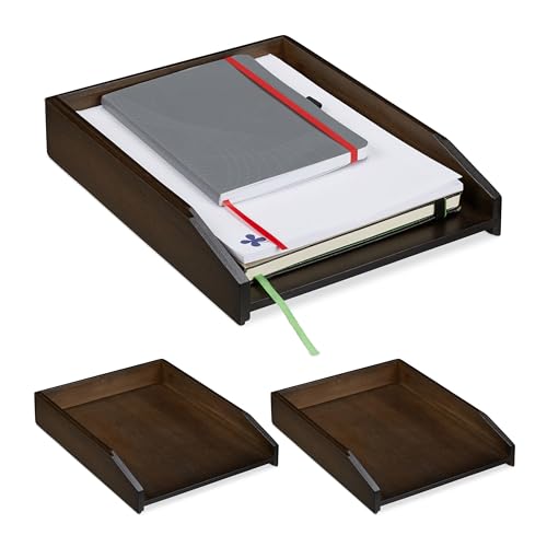 3 x Briefablage stapelbar, DIN A4 Papier, Büro, Schreibtisch, Dokumentenablage Bambus, HxBxT: 6 x 25 x 33 cm, braun von Relaxdays