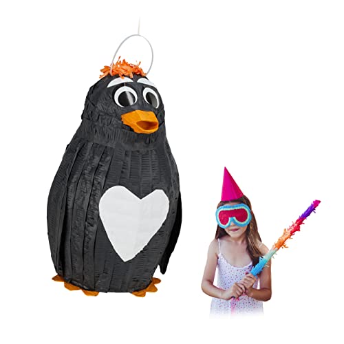 3 x Pinata Pinguin, zum Aufhängen, Kinder & Erwachsene, Geburtstag, Piñata zum Befüllen, HxBxT 42 x 21 x 21 cm, schwarz von Relaxdays